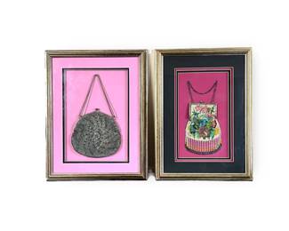 19th Century Victorian Beaded Purses / Bags. Each handmade with very fine small beads. Matted and framed under glass. 
