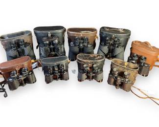 9 Pairs of WWI / WW2 Binoculars (e.g. German WW2 Binoculars 7x50 Kreigsmarine U-Boat Glasses BLC).