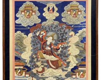 Antique/Vintage Tibetan Thangka Religious Gouache Painting | Silk | Depicts traditional symbols and figures in various poses | Matted and framed | Approx. Size: 42" H x 31" W.