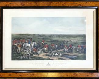 19th c. English Fox Hunt Hand-colored Engraving THE MEETING OF HER MAJESTY'S STAG HOUNDS ON ASCOT HEATH After Francis Grant.