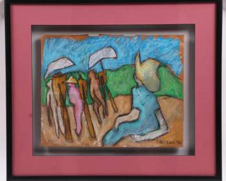 Recycled Art By Outside Artist Tom Antonelli - Pastel on Brown Paper Shopping Bag | Abstract Expressionistic scene with figures | Signed and dated by the artist in the lower right corner (1997) | Housed under glass in floating frame | Dimensions: The bag measures approx. 12 1/2" x 15 3/4"; w/ frame: 20 1/2" x 24".