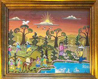 Folk Art Landscape Oil Painting by Popular and well-listed Mexican / Spanish artist Roberto Benitez (Spain, b. 1958) | Oil on Board | Vibrant Folk Art Village Farm / Harvest Scene | Signed by the artist in the lower right. Housed in a gold wood frame. See Beverly Hills Magazine THE ARTIST OF MEXICO: ROBERTO BENITEZ - https://www.beverlyhillsmagazine.com/artist-of-mexico-roberto-benitez/