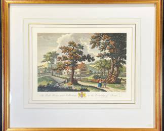 19th Century Hand-Colored Engraving After John Barlow (1759 - 1810) Entitled THE PARK HOUSE NEAR FOLKESTONE IN THE COUNTY OF KENT | Matted & framed under glass | Approx. Size: 18.5" H x 21.5" W | Provenance: From Canterbury Kent, England Estate.