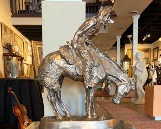 Rare Large Plated Silver Bronze Sculpture After Frederic Remington (American, 1861-1909) Entitled NORTHER. Marked Limited Edition and affixed atop a large marble plinth. Approx. Dimensions: Sculpture: 18" W x 21" H x 7" D; With base: 20" W x 38" H x 14" D.  Marked by Henry Bonnard Founders, New York Cast.