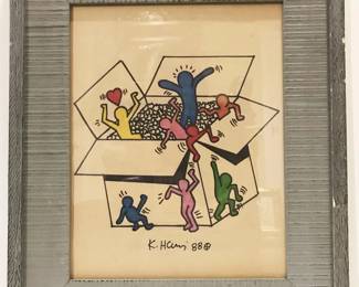 Original Drawing by the famed American Pop-Modern Artist Keith Haring (1958 - 1990) | Entitled "Out of the Box" | Marker on Paper | Signed and Dated by the artist in lower center of work, "K. Haring 88" with a circle enclosing the plus sign | Housed under glass in a period distressed wood frame | Verso has three attachments: A Certificate of Authenticity from Keith Haring, a gallery label, and note related to the drawing's provenance | Dimensions: Image only 14: H x 11" W; With Frame 16.5" x 19.5" | In very good condition.
