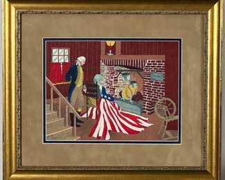 Original Painting "The Birth Of Old Glory" After Edward Percy Moran (1862—1935). Depicting George Washington (1732 - 14 Dec 1799) and Betsy Ross (1752 - 30 Jan 1836).