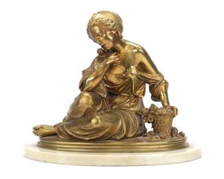 Fine Antique French Gilded Bronze Figural Sculpture. Statue depicts seated female with a basket of flowers holding a bird. Approx. Size: 14" x 12" x 10"; Weight: 23 lbs.