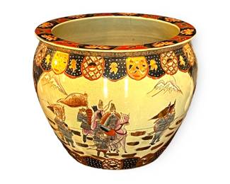 Large Antique Chinese Hand-painted Porcelain Pot / Planter | The fishbowl-shaped pot is uniquely hand-painted with banner-waving armor-wearing warriors, focusing on a leader on horseback. Includes geometric designs and abundant gold gilt raised relief | Pot has age related glaze crazing/crackle | Bottom of the pot is hallmarked in blue ink with border and has pottery wheel rings | Approx. Size: 20" Diameter x 16" H.