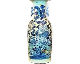 Large Chinese Canton Blue on White Porcelain Vase. Qing Dynasty, 19th century. Floor or grand table top vase hand-painted with a deer and pheasant, surrounded by foliage and flowers. Includes double dragon handles. Approx. size: 24" Tall.