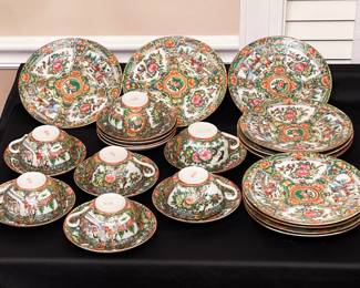 27 Piece Set of 19th Century Chinese Qing Dynasty Canton Rose Medallion Porcelain. Includes: 10 Plates; 10 Saucers, and 7 cups. Very good + condition.