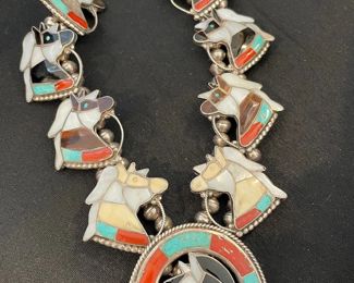 Nickel, turquoise, and coral squash blossom necklace