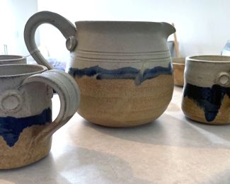 Pottery, ceramic pitcher and mugs