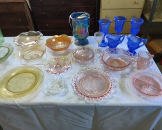 antique glass and crystal, blue glass, carnival glass, pink glass