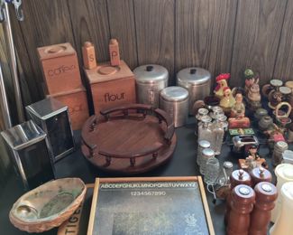 vintage kitchen canisters, accessories, and salt/pepper shakers