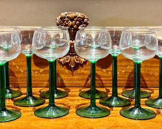 (12) Green Stemmed Wine Glasses