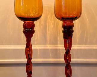 Vintage Empoli Glass Pedestal Hurricane Candle Holders