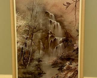 "Waterfall with White & Pink Dogwoods" Lithograph with COA, Signed Liu
