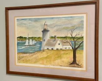 "Lighthouse & Ship," Signed Watercolor 