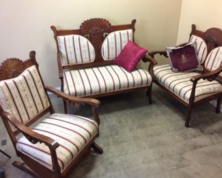 VTG. 3 PIECE MAHOGANY PARLOR SET, SETTEE, ROCKER AND ARM CHAIR