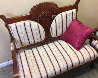 VTG. 3 PIECE MAHOGANY PARLOR SET, SETTEE, ROCKER AND ARM CHAIR