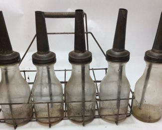 (5) VTG. RAPID OIL GLASS BOTTLES w METAL