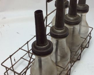 (5) VTG. RAPID OIL GLASS BOTTLES w METAL