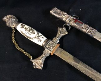 VTG. MASONIC KNIGHTS TEMPLAR CEREMONIAL SWORD WITH LEATHER SHEATH