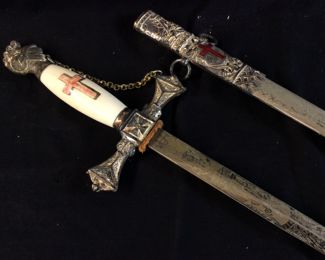 VTG. MASONIC KNIGHTS TEMPLAR CEREMONIAL SWORD WITH LEATHER SHEATH