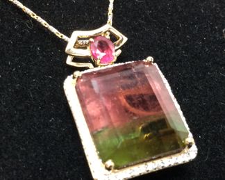14KT GOLD TOURMALINE & DIAMOND PENDANT w CHAIN, 16.13ct TOURMALINE, .29ct DIAMONDS, 9.5g, 18´´L, IAS APPRAISAL $12,350, 
