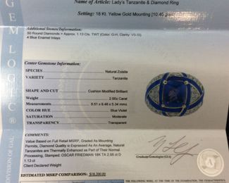 18KT GOLD TANZANITE & DIAMOND RING, SIZE 7,
2.95ct TANZANITE, 1.13ct DIAMONDS, 10.4g,
GAL APPRAISAL $18,200, 