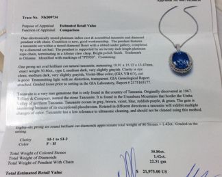 PLATINUM TANZANITE & DIAMOND PENDANT & CHAIN, 30.8ct TANZANITE, 1.42ct DIAMONDS, 22.31g, 20´´L, AIG APPRAISAL $21,975, 