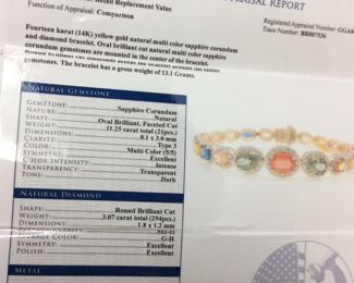 14KT YELLOW GOLD MULTI COLOR SAPPHIRE & DIAMOND BRACELET, 11.25ct SAPPHIRES, 3.07ct DIAMONDS, 13.1g, GGA APPRAISAL $17,390, 