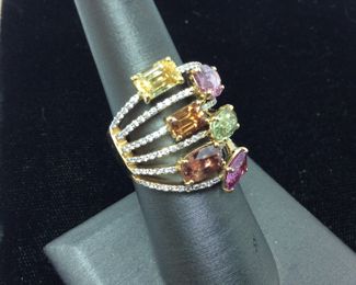 18KT YELLOW GOLD MULTI COLOR SAPPHIRE & DIAMOND RING, SIZE 7, 7.28ct SAPPHIRES, .54ct DIAMONDS, 11.8g, AIG APPRAISAL $15,000, 