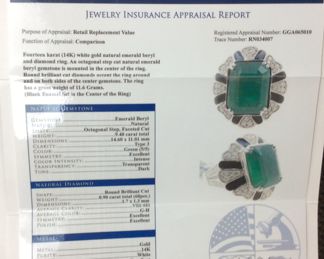 14KT GOLD EMERALD & DIAMOND RING, SIZE 7,
9.4ct EMERALD,.9ct DIAMONDS, 11.6g,
GGA APPRAISAL $22,630, 