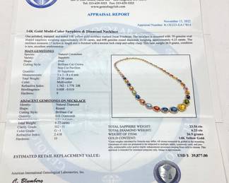 14KT YELLOW GOLD MULT-COLOR SAPPHIRE & DIAMOND NECKLACE, 23.56ct SAPPHIRE, 6.23ct DIAMONDS, 17''L, 26.9G,
AIGL APPRAISAL $39,877