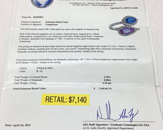 18KT WHITE GOLD MULTI-COLOR SAPPHIRE & DIAMOND RING, SIZE 7.25, 2.15ct SAPPHIRES, .68ct DIAMONDS, 4.2g,
AIG APPRAISAL $7,140,