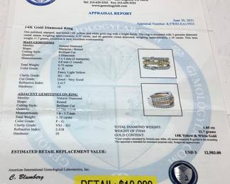 14KT YELLOW & WHITE GOLD DIAMOND RING,
SIZE 7, 1.85ct DIAMONDS, 11.7g,
AIGL APPRAISAL $12,983, 