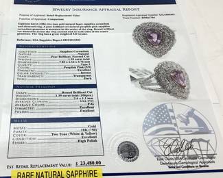 18KT GOLD SAPPHIRE & DIAMOND RING, SIZE 7,
1.39ct SAPPHIRE, 1.39ct DIAMONDS, 5.8g,
GGA APPRAISAL $23,480, 