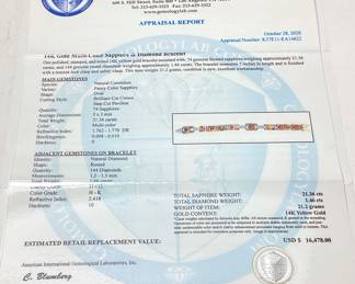 14KT YELLOW GOLD MULTI-COLOR SAPPHIRE & DIAMOND BRACELET, 7''L, 21.36ct SAPPHIRES, 1.46ct DIAMONDS, 21.2g,
AIGL APPRAISAL $16,478, 