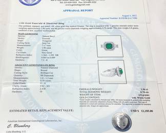 14KT GOLD EMERALD & DIAMOND RING, SIZE 7.25, 1.96ct EMERALD, .70ct DIAMONDS, 4.8g,
AIGL APPRAISAL $12,185, 