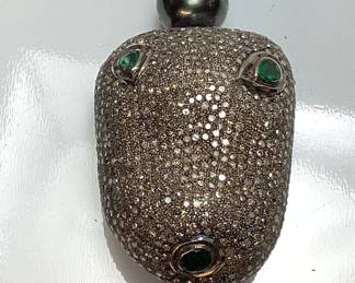 TAHITIAN PEARL NECKLACE w 14KT GOLD EMERALD & DIAMOND NECKLACE, BLACK RHODIUM FINISH, 20''L, 2.02ct EMERALDS,
12.64ct DIAMONDS, 14KT CLASP,
AIGL APPRAISAL $16,800, 