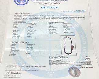 TAHITIAN PEARL NECKLACE w 14KT GOLD EMERALD & DIAMOND NECKLACE, BLACK RHODIUM FINISH, 20''L, 2.02ct EMERALDS,
12.64ct DIAMONDS, 14KT CLASP,
AIGL APPRAISAL $16,800, 