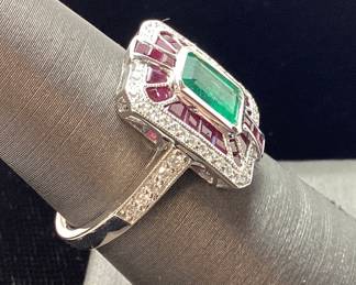 18KT WHITE GOLD EMERALD, RUBY & DIAMOND RING, SIZE 7, 1.18ct EMERALD, 1.37ct RUBIES, .31ct DIAMONDS, 5.6g,
GGA APPRAISAL $11,970, 