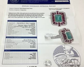 18KT WHITE GOLD EMERALD, RUBY & DIAMOND RING, SIZE 7, 1.18ct EMERALD, 1.37ct RUBIES, .31ct DIAMONDS, 5.6g,
GGA APPRAISAL $11,970, 