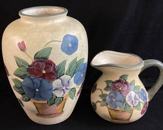 FLORAL PAINTED VASE & PITCHER, 11’’ & 6.