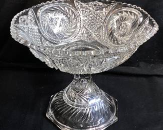 VTG. CLEAR CUT GLASS PEDESTAL PUNCH BOWL