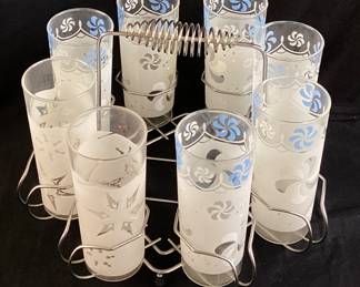 ROUND METAL CARRIER w 8 VTG. GLASSES