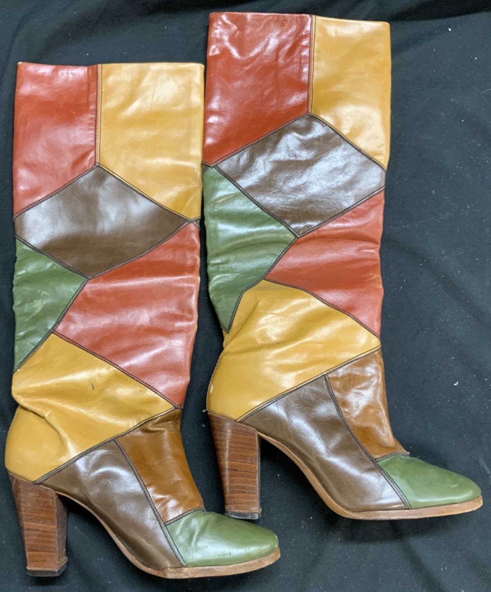 Vintage Leather Patchwork Color Block Heeled Boots
