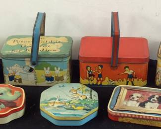 7 VINTAGE TIN CANDY CONTAINERS