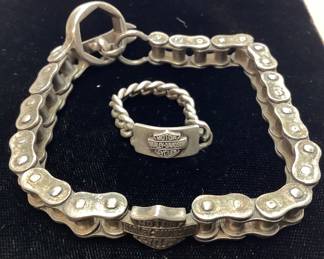 SILVER HARLEY DAVIDSON BRACELET & RING, 163 GRAMS